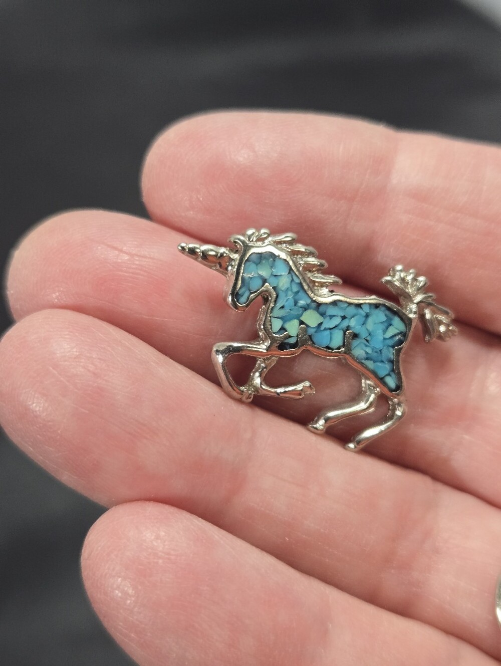 Vintage Turquoise Inlay Unicorn Brooch - Silver and Blue